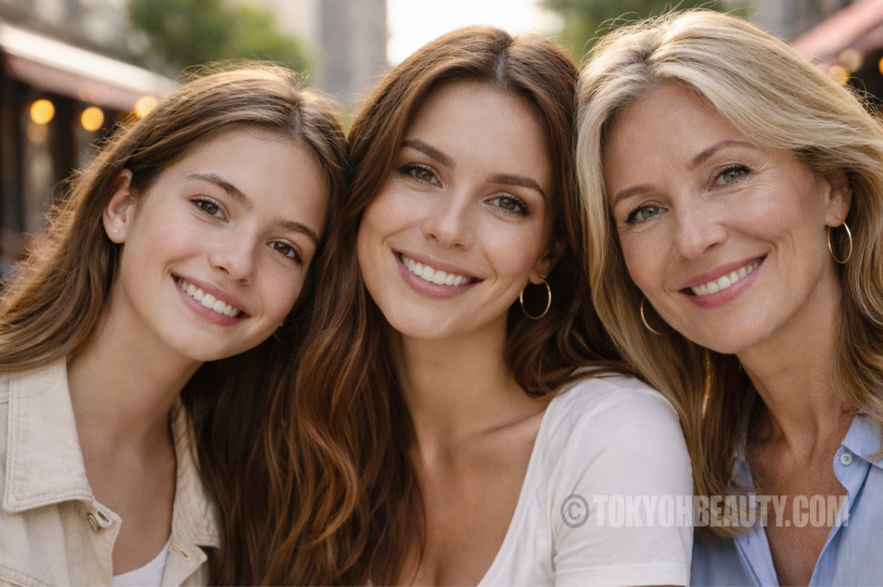 Immagine di tre donne di diverse fasce d'età, adolescente, adulta e donna matura.