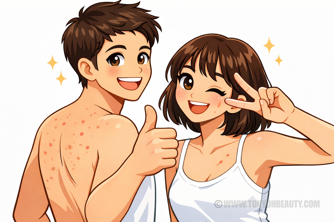 Ragazzi cartoon con acne sulla schiena, bacne, e sulla parte alta del corpo che mostrano positività e miglioramento della pelle