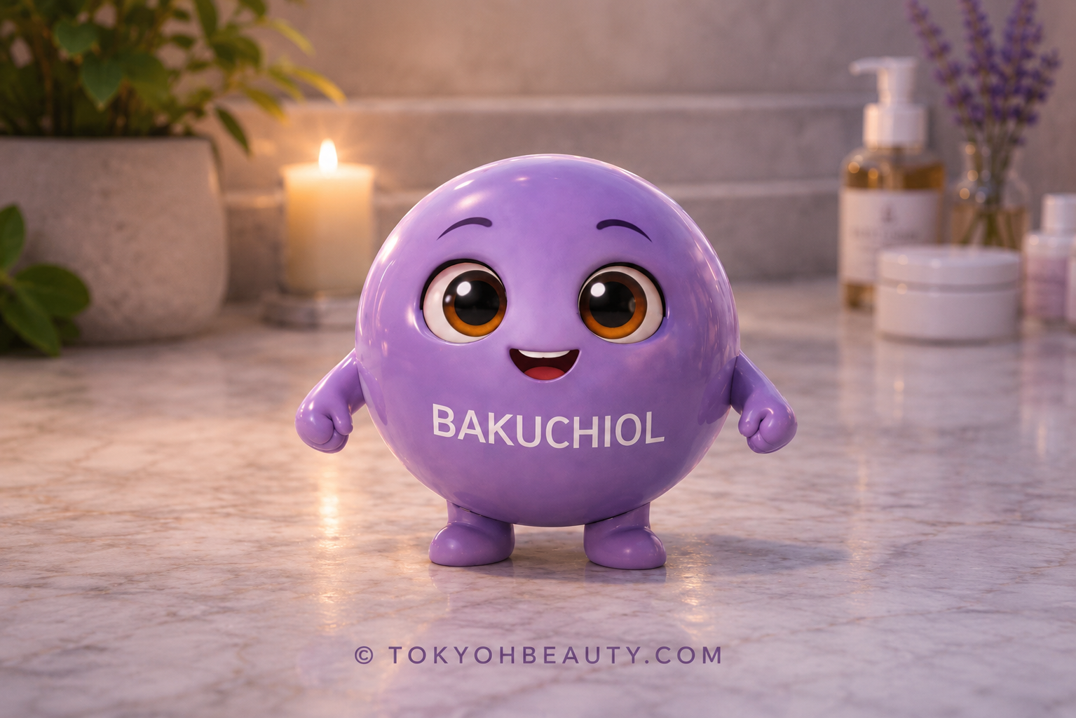 Bakuchiol character Tokyoh Beauty mascotte skincare coreana ingrediente anti age delicato alternativa al retinolo cute purple character 3D