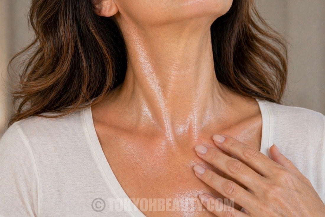 Pelle del collo levigata e luminosa dopo routine skincare con attivi riparatori