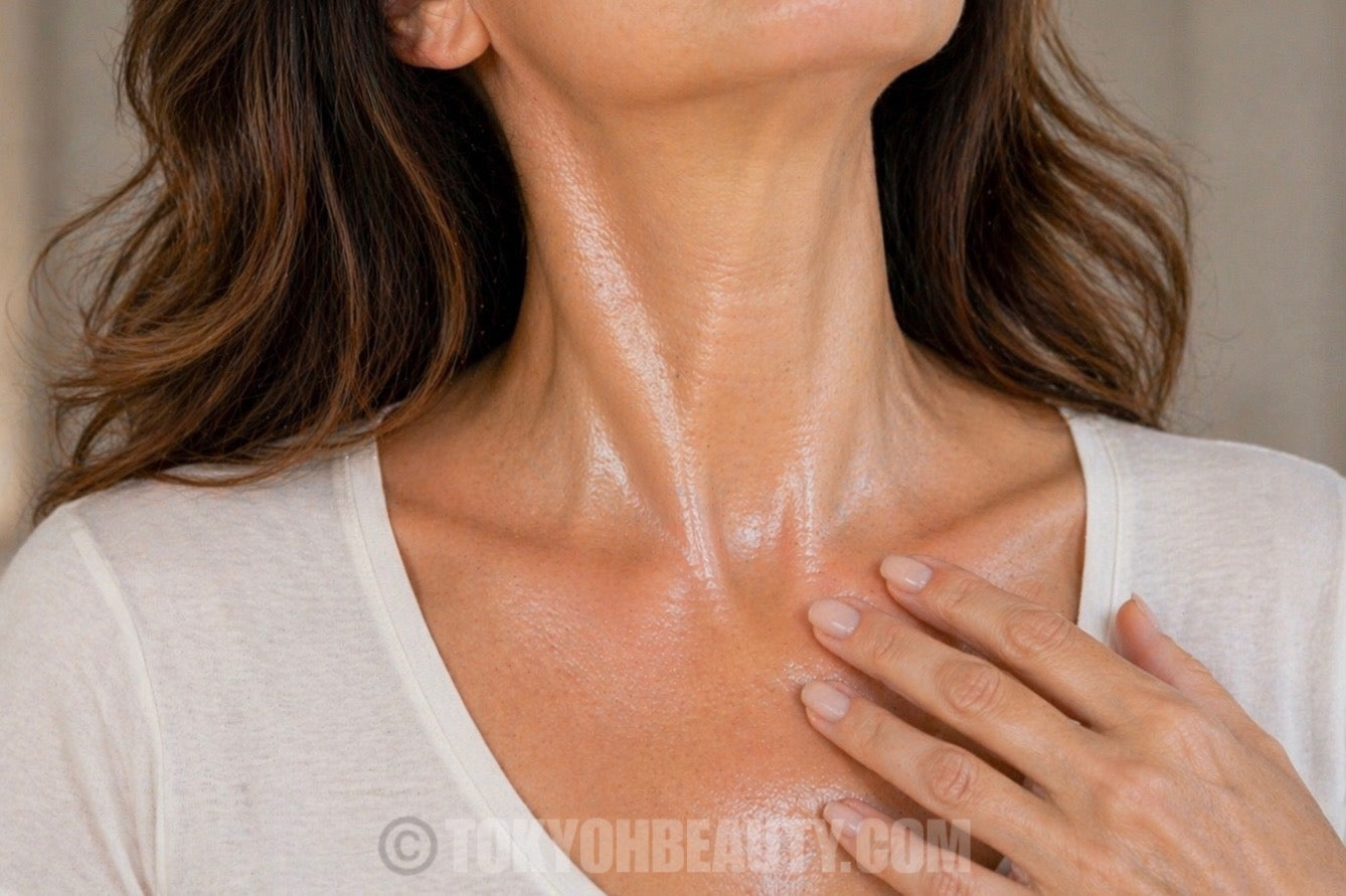 Pelle del collo levigata e luminosa dopo routine skincare con attivi riparatori