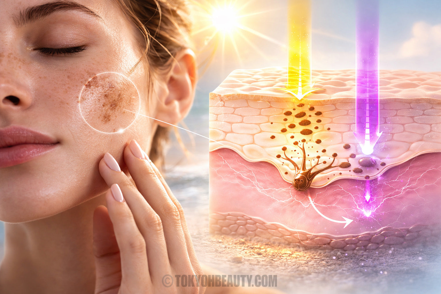 Immagine del team creativo Tokyoh Beauty per mostrare le macchie solare con uno zoom illustrativo degli estrati della pelle in presenza di macchie