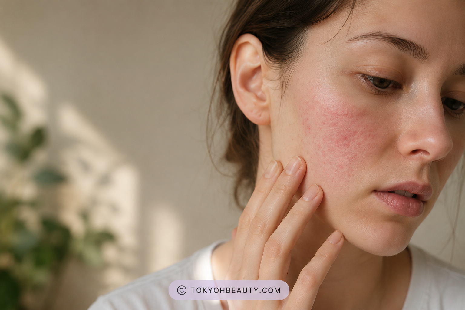 Donna mostra il suo viso con segni di sensibilizzazione della pelle per trattamenti skincare