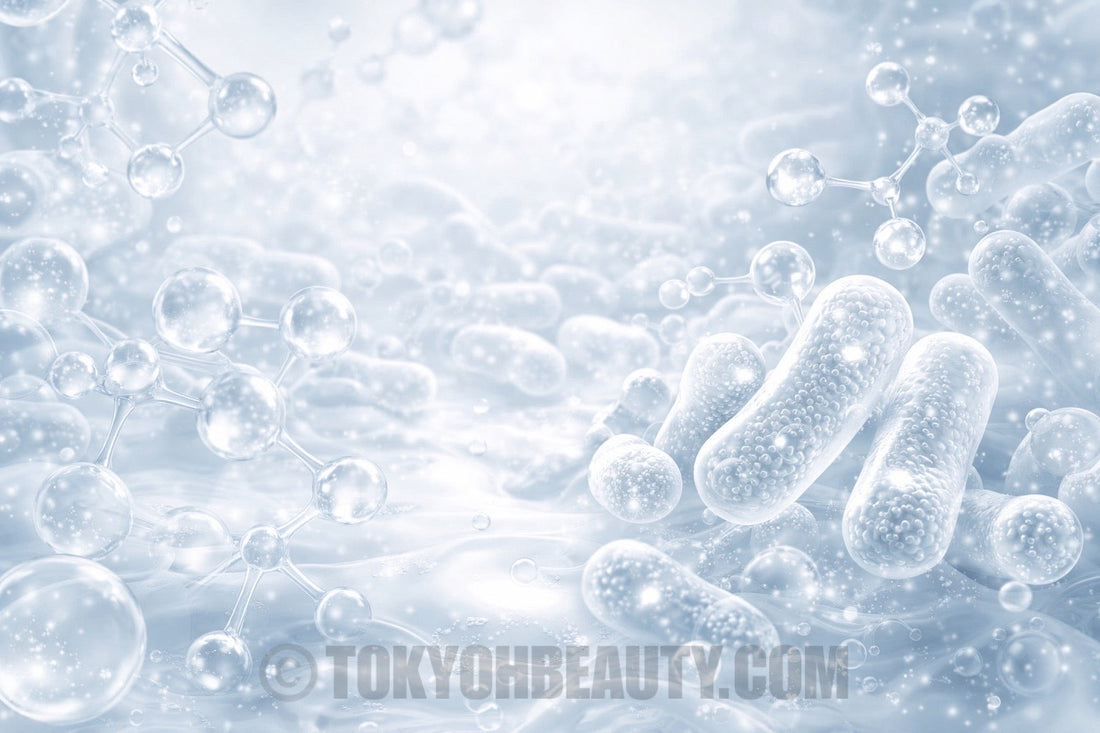 Microbioma cutaneo e probiotici nella skincare rappresentati da batteri e molecole in ambiente scientifico