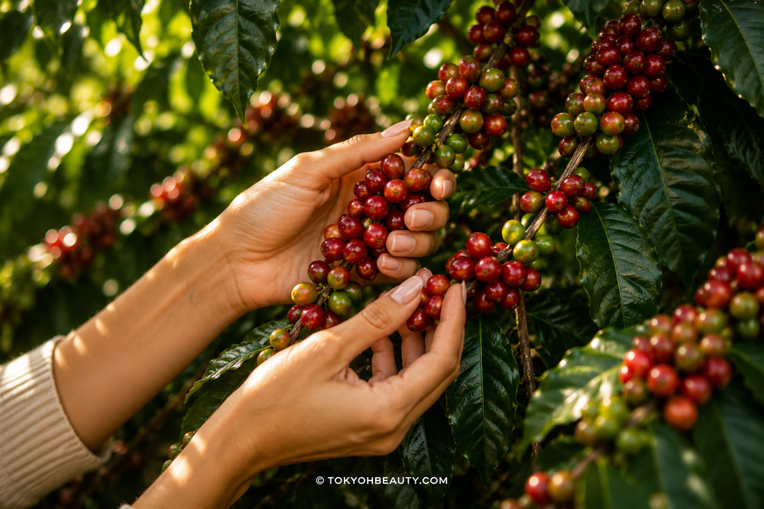 Mani che raccolgono frutti dalla pianta del caffe, la caffeina e l'olio di caffe sono un ingrediente presente nella skincare moderna