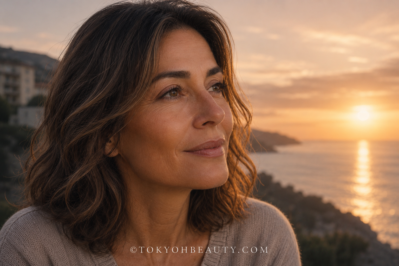 Donna in menopausa con la pelle curata che guarda verso il tramonto sul mare