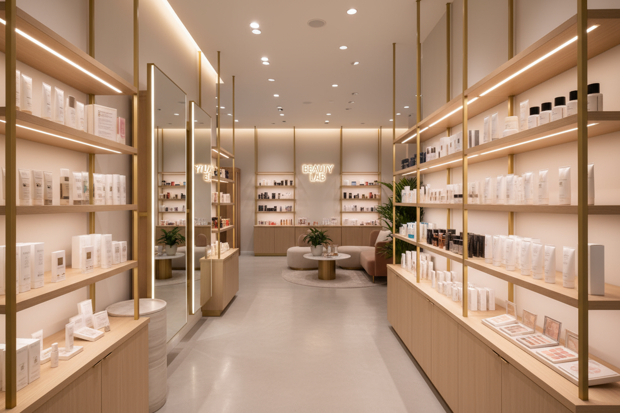 Fotografia di un negozio beauty minimal skincare. Ideale per illustrare il concetto di skincare consapevole, analisi INCI e scelta di prodotti cosmetici più sicuri