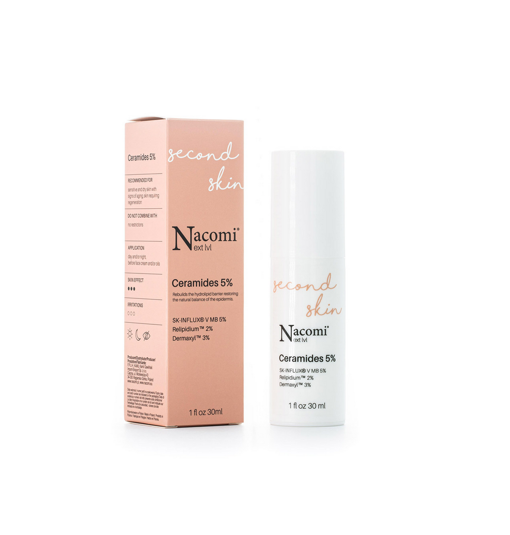 Siero viso Nacomi Next Lvl Second Skin Ceramides 5% – trattamento rigenerante con ceramidi e peptidi per rinforzare la barriera cutanea e idratare la pelle sensibile
