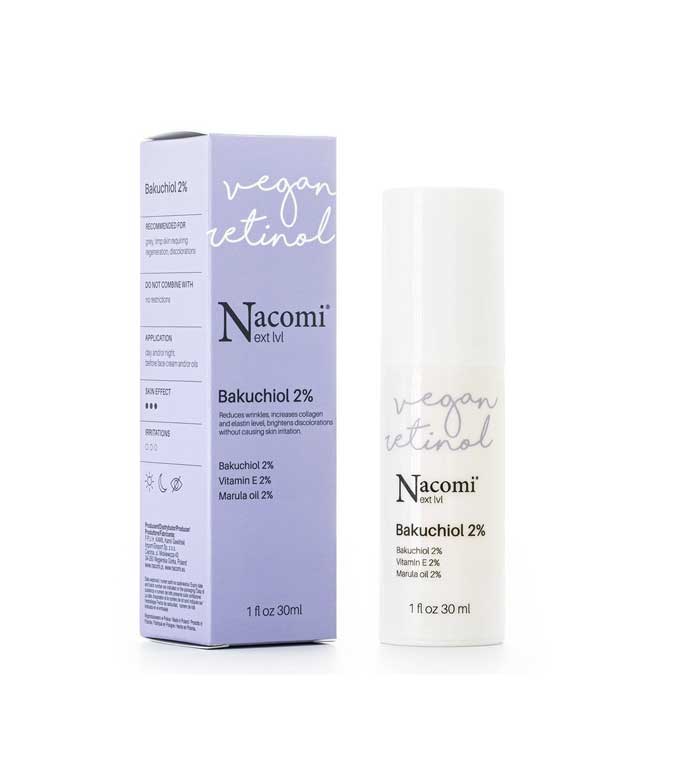Siero viso Nacomi Vegan Retinol Bakuchiol 2% – trattamento anti-age naturale e illuminante con vitamina E e oli vegetali per pelle liscia e luminosa