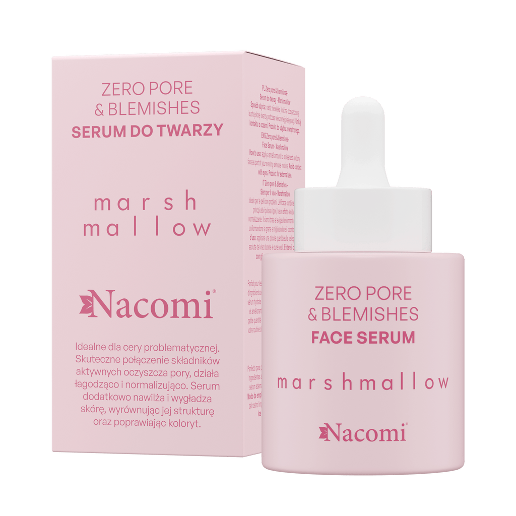 Siero viso Nacomi Zero Pores & Blemishes Marshmallow, trattamento riequilibrante e lenitivo per pelli impure, riduce pori e imperfezioni