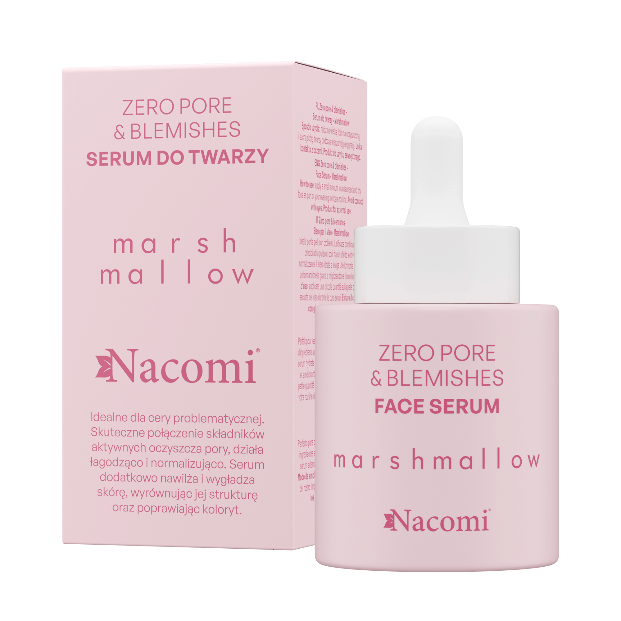 Siero viso Nacomi Zero Pores & Blemishes Marshmallow, trattamento riequilibrante e lenitivo per pelli impure, riduce pori e imperfezioni