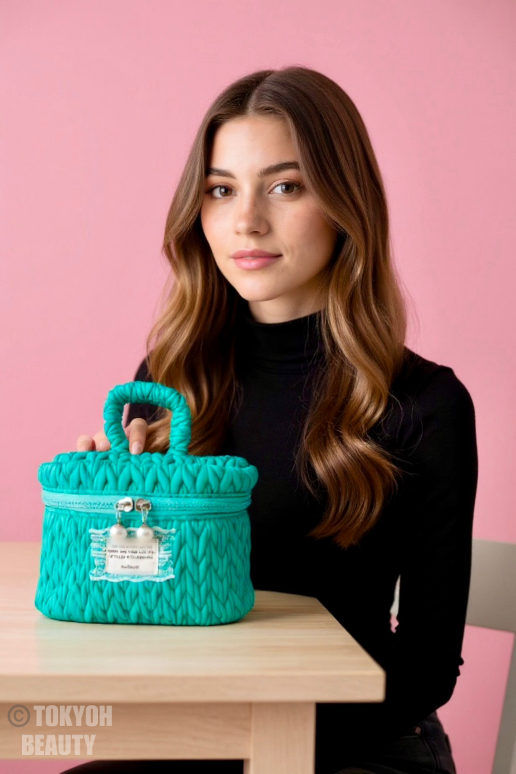 Ragazza mostra proporzione bauletto Tokyoh Beauty bag per skincare e Makeup