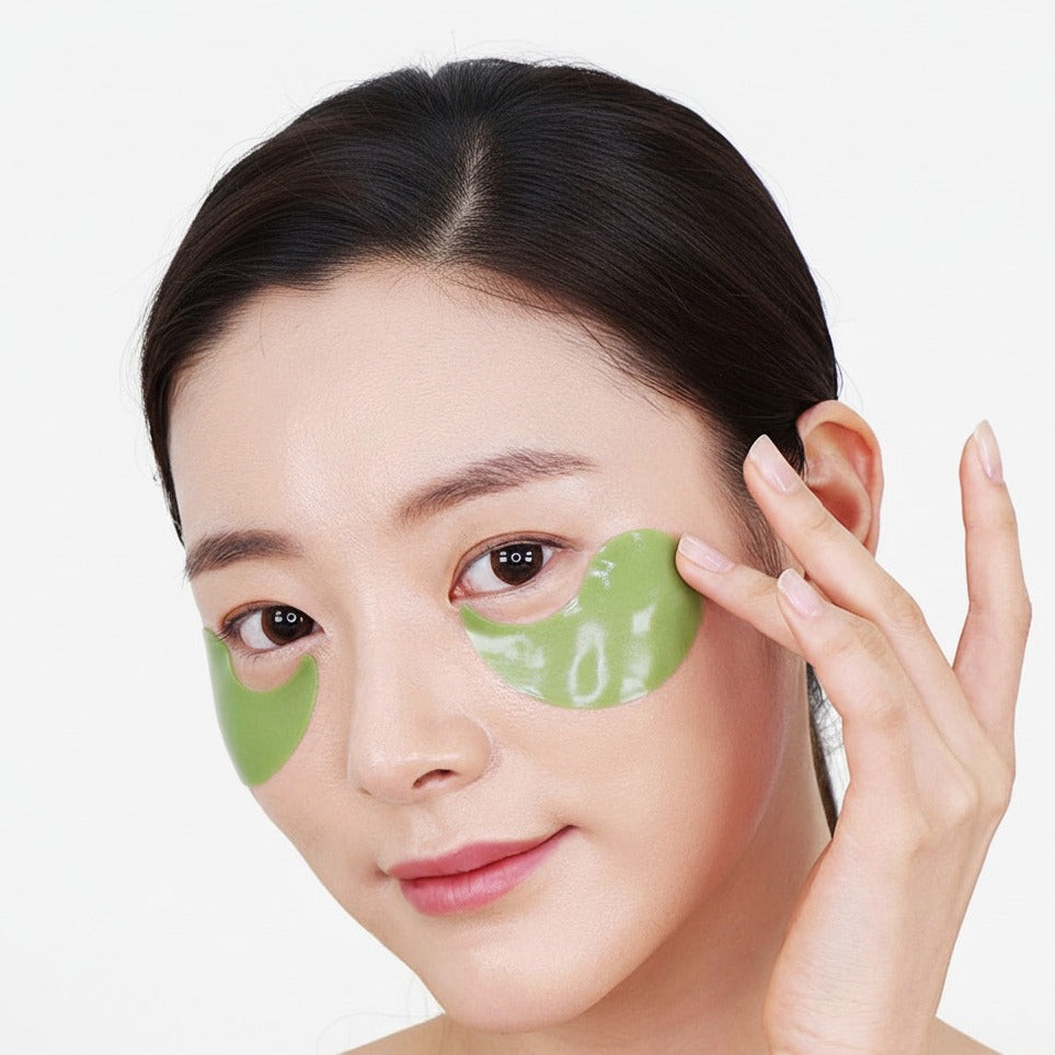 Ragazza applica nel contorno occhi i patch Hyaluronic Cica Peptide 9 Ampoule 