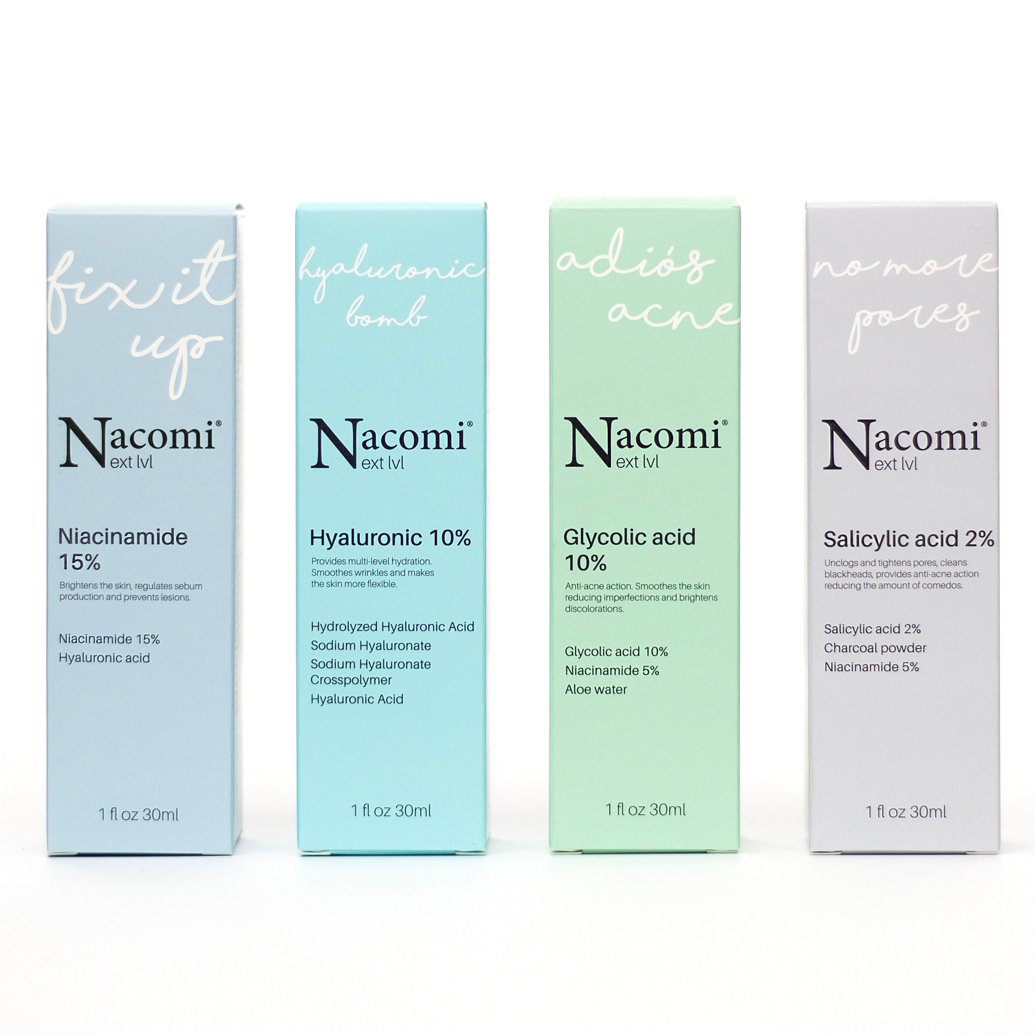 Combo Nacomi Fix it Up, Hyaluronic Bomb, Adios acne, No more pores