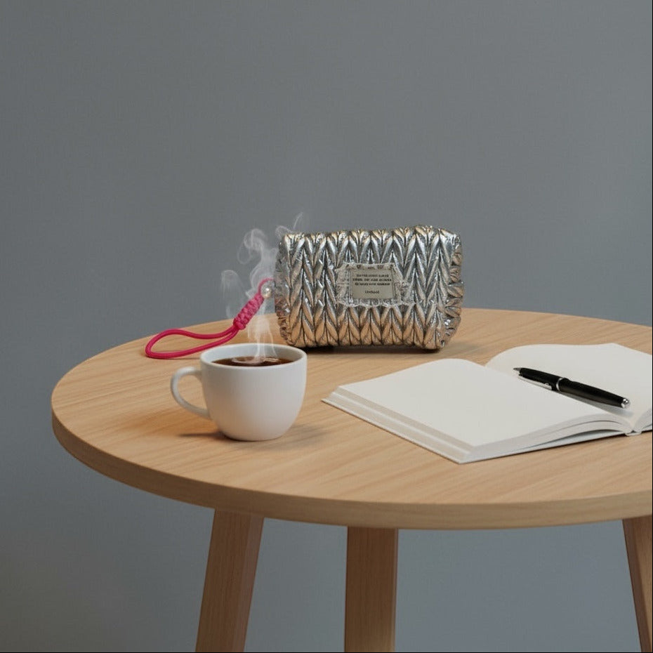 Pochette argento collezione Tokyoh Beauty Moon Girl Mood appoggiata su tavolo 